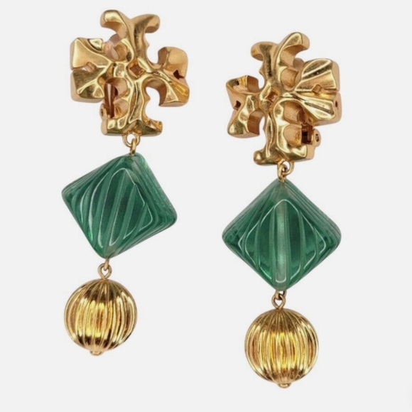 Tory Burch Roxanne Azure Green 18K Gold Plated Double Drop Clip-On Earri… - Picture 2 of 5